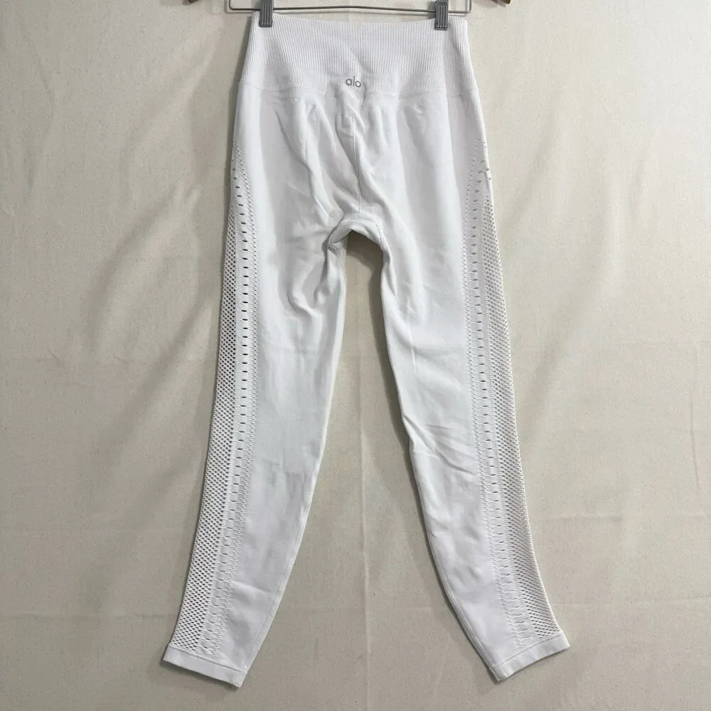 Alo Yoga White Leggings Women Medium High Waist Mesh Panel Activewear 25” Inseam